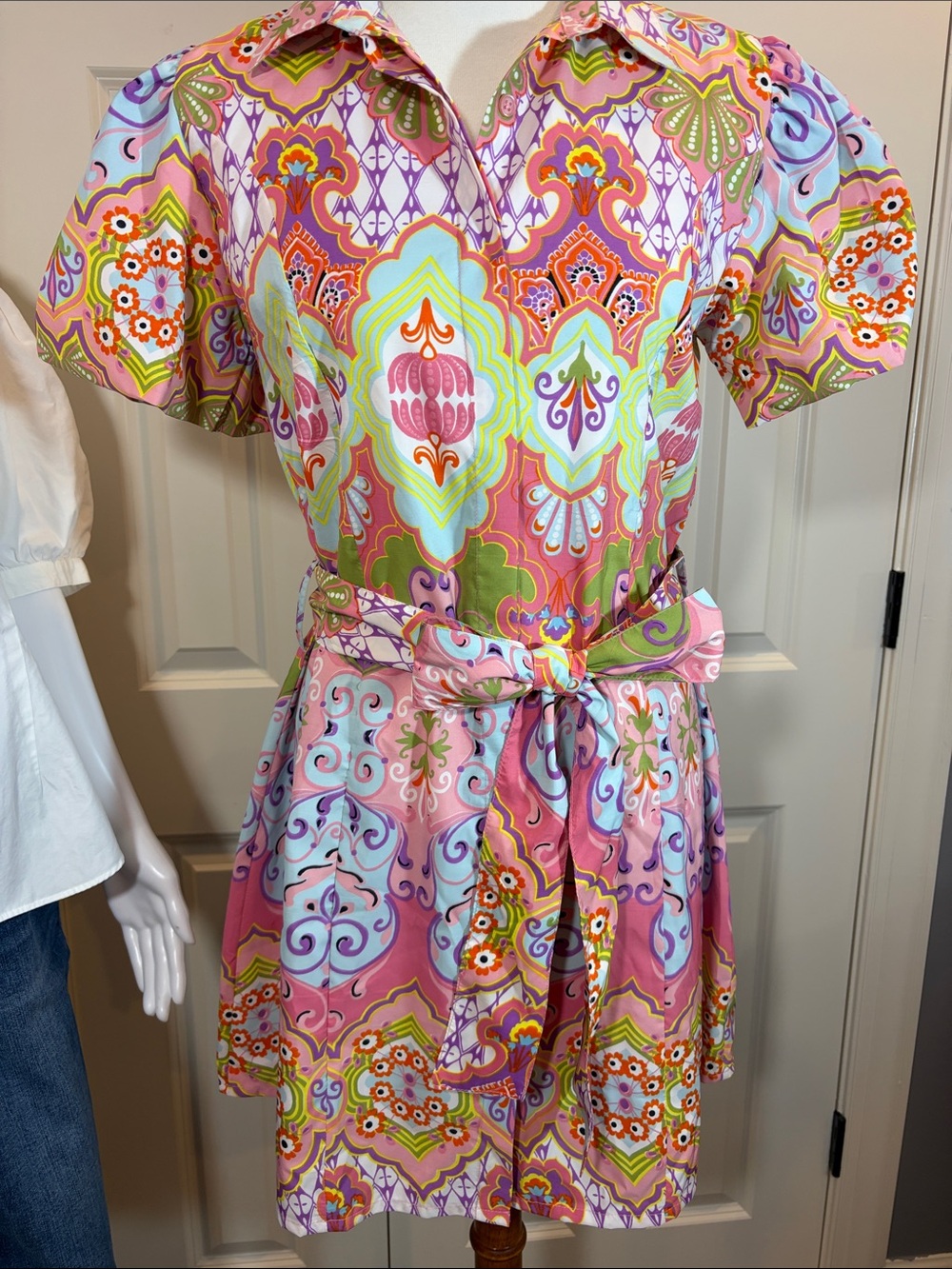Pink Multicolor Printed Mini Dress with Waist Tie